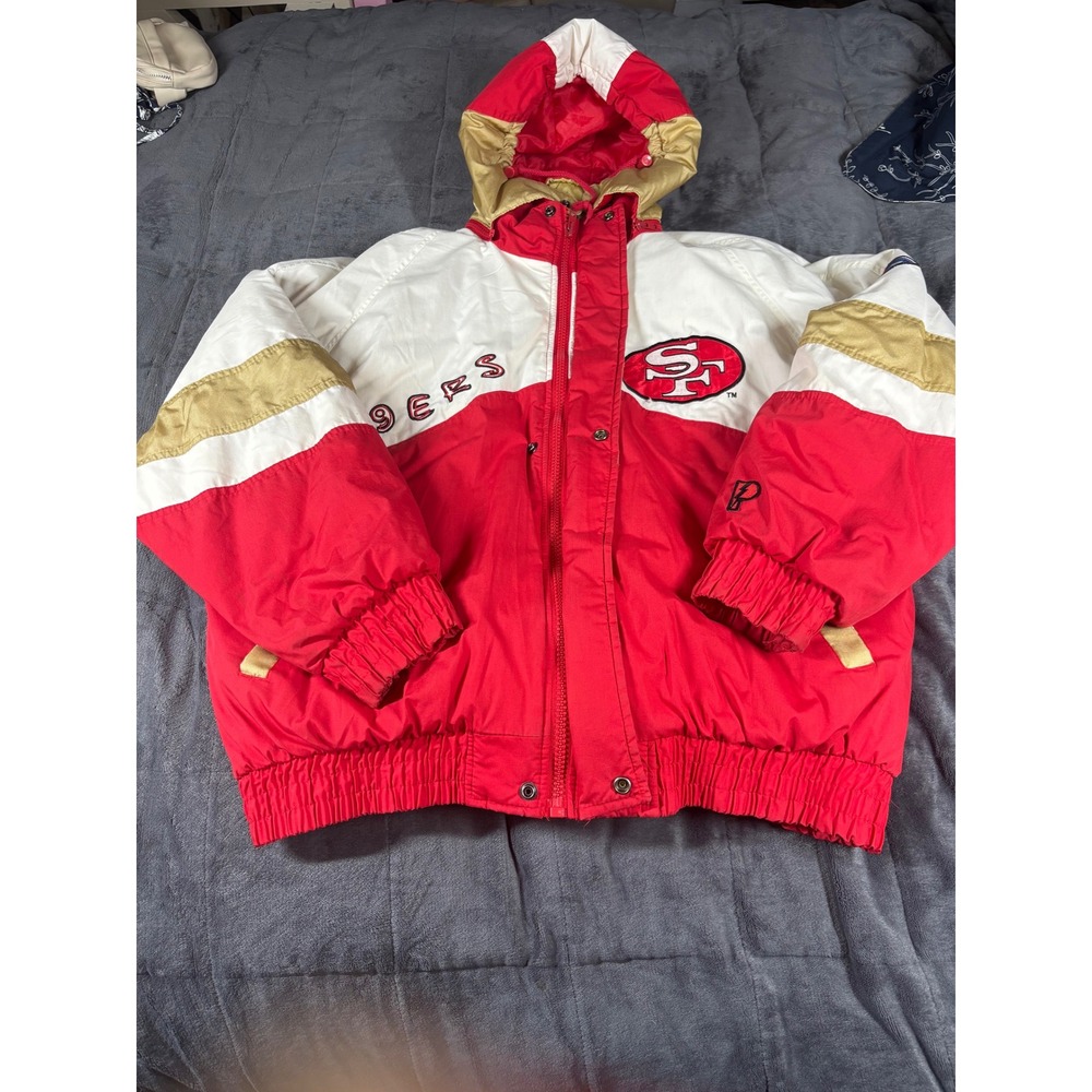 Mens Pro Player‎ San Francisco 49ers Vintage 90s Puffer Jacket Red XL Hooded NFL